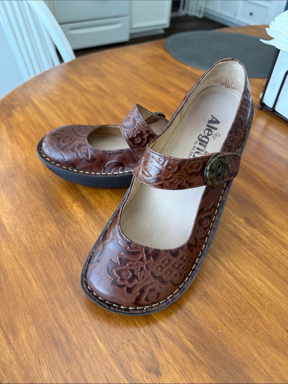 Alegria Brown Floral Tooled Mary Jane Shoes